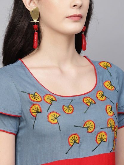 Women's  Red & Grey Yoke Design Empire Straight Kurta