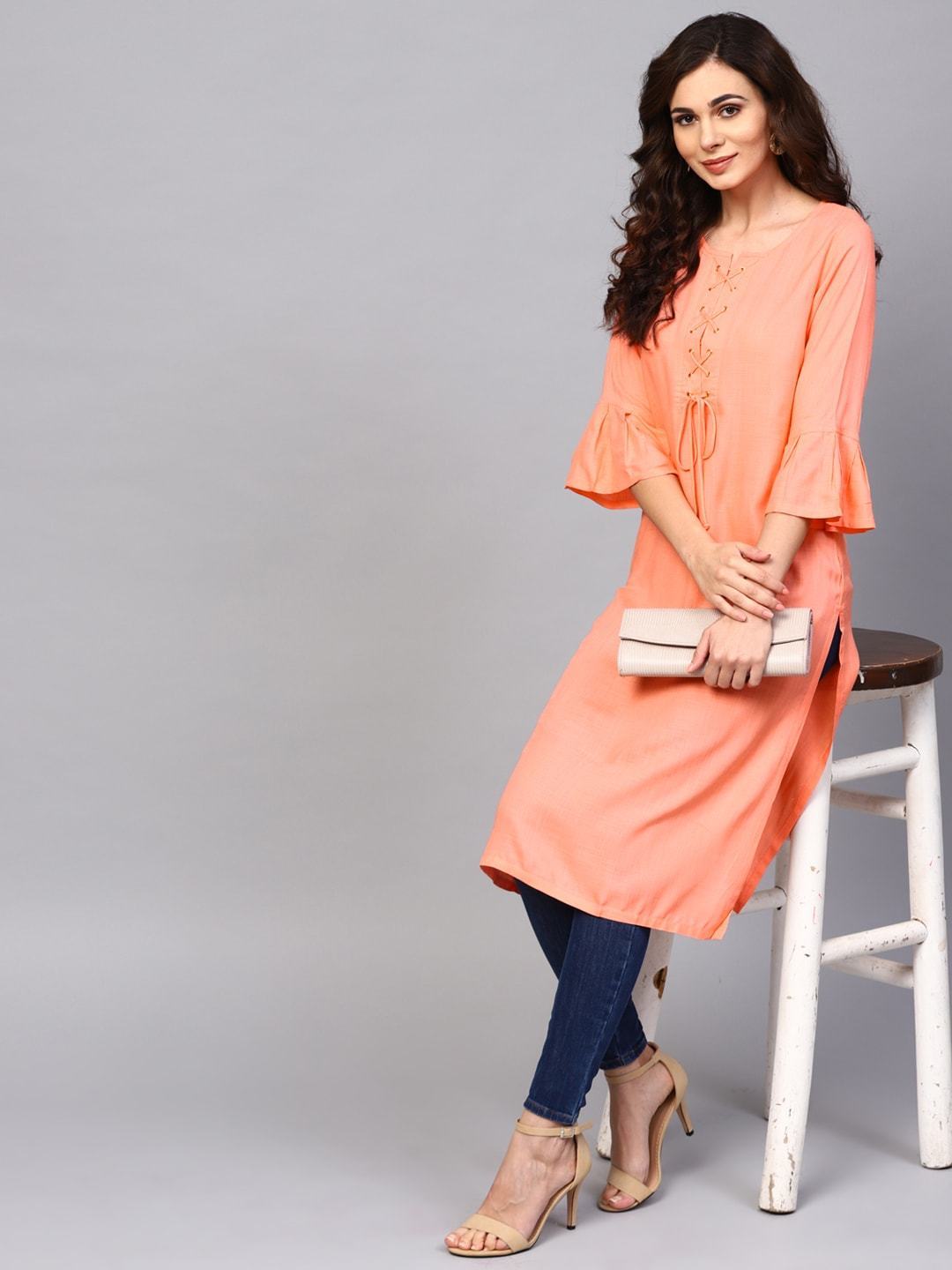 Women's  Coral Pink Solid Straight Kurta