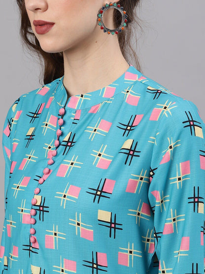 Women's  Blue Printed Straight Kurta