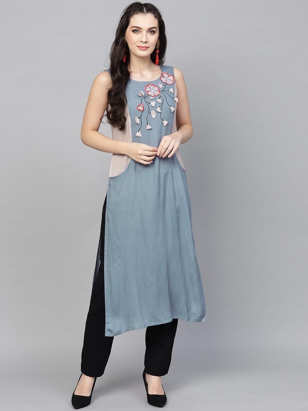Women's  Blue & Grey Applique Detail Straight Kurta
