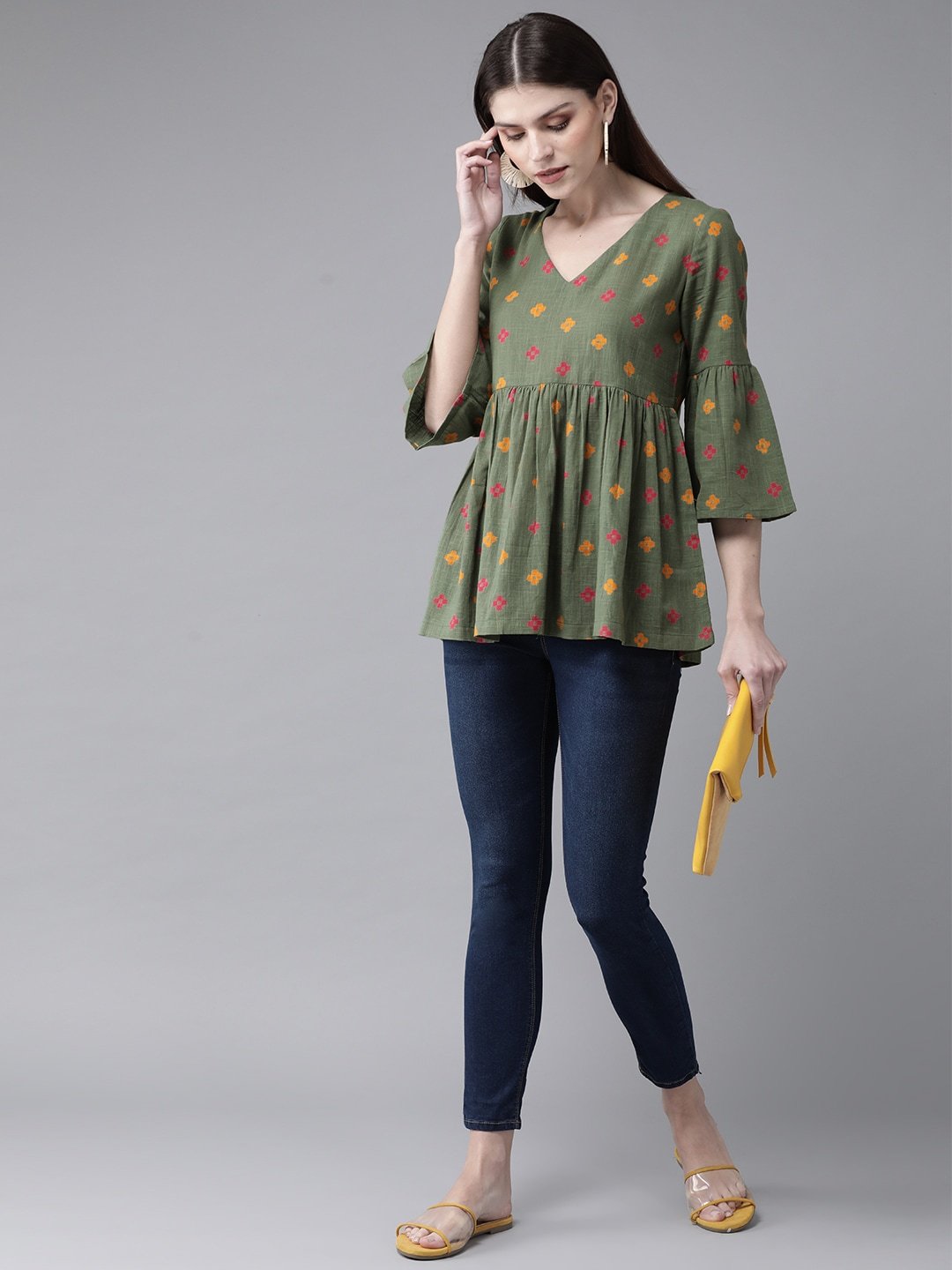 Women's Olive Green & Mustard Yellow Printed Tunic