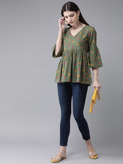 Women's Olive Green & Mustard Yellow Printed Tunic