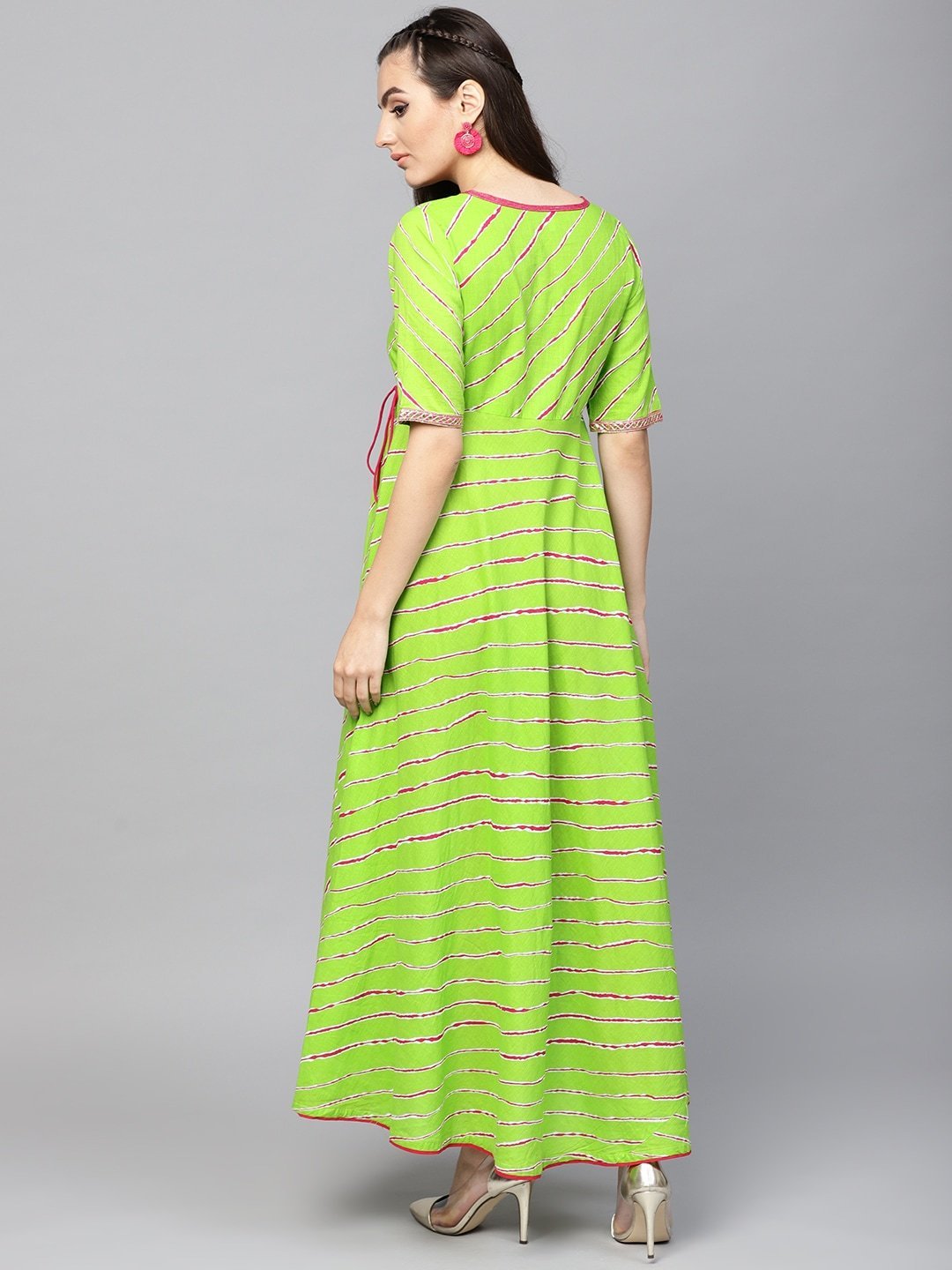 Women's  Green & Magenta Leheriya Print Anarkali Kurta