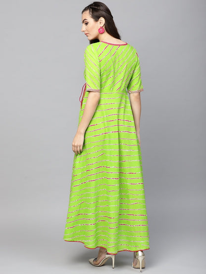 Women's  Green & Magenta Leheriya Print Anarkali Kurta
