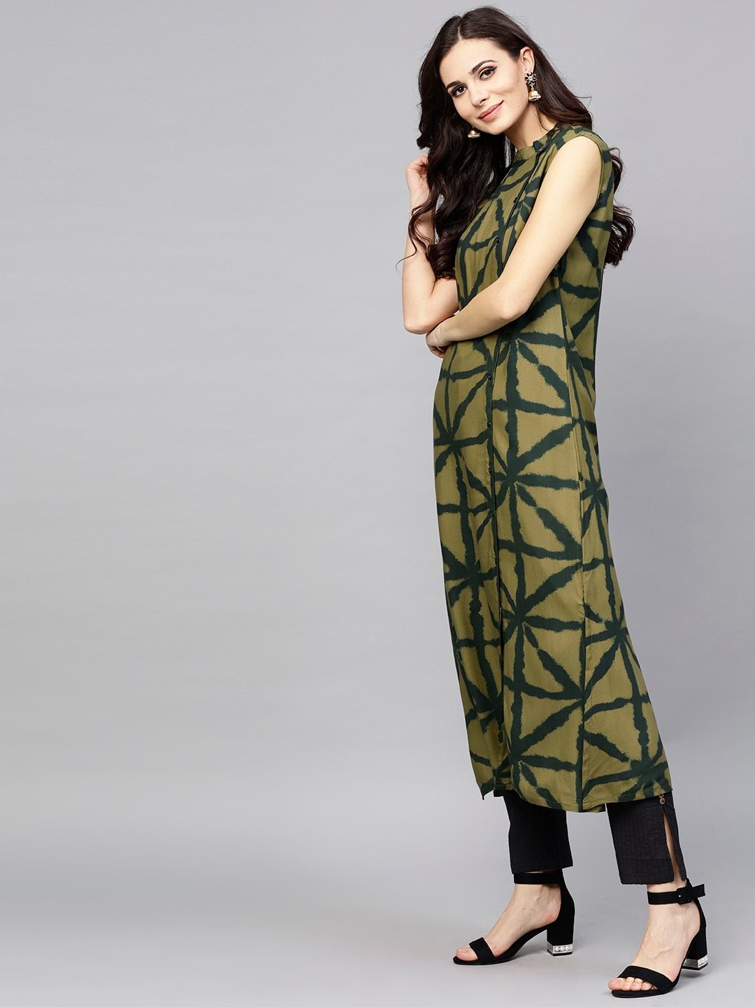 Women's  Olive Green Printed Sleeveless Straight Kurta