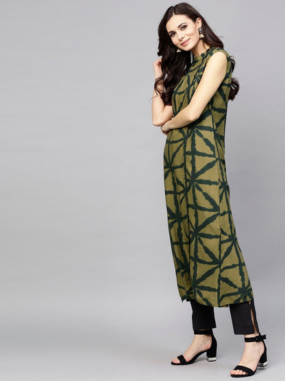 Women's  Olive Green Printed Sleeveless Straight Kurta