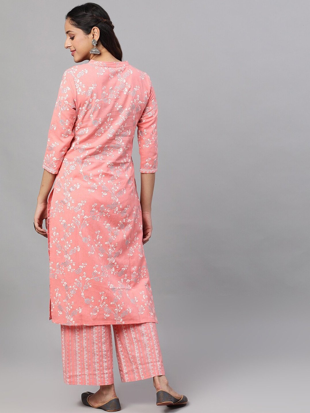 Women's  Peach-Coloured & Silver-Toned Printed Kurti with Palazzos