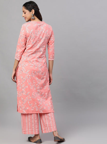 Women's  Peach-Coloured & Silver-Toned Printed Kurti with Palazzos