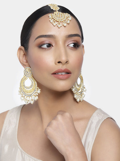 Women's Traditional Gold Plated Chandbali Kundan & Pearl Earring Set with Maang Tikka