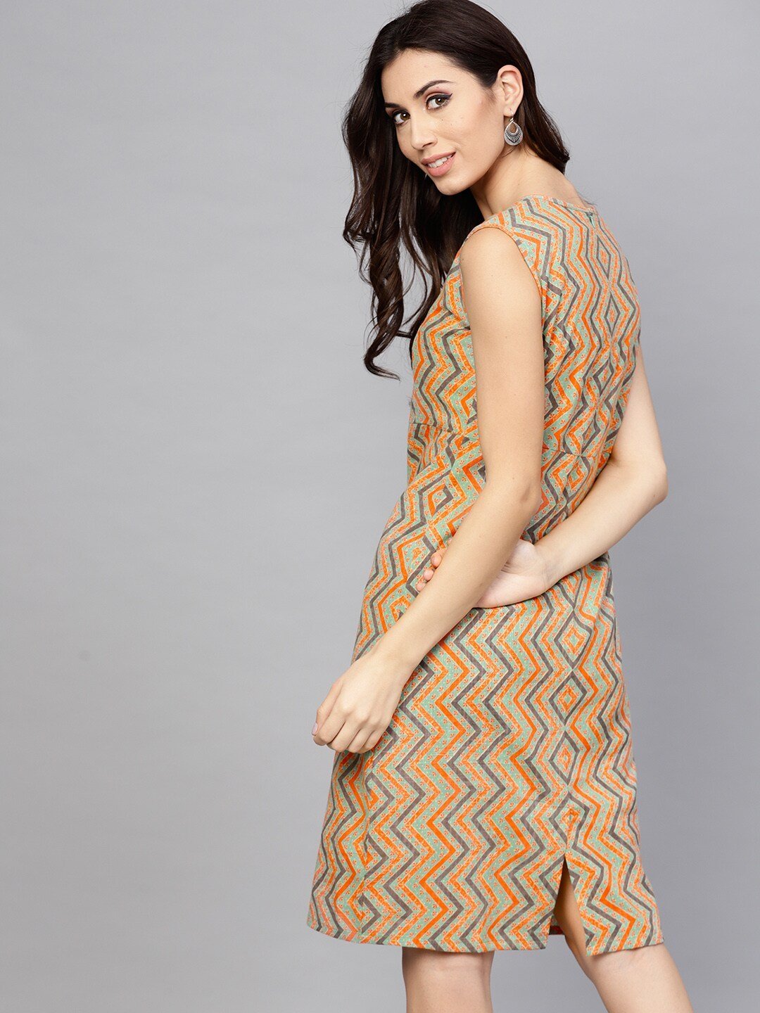Women's  Sea Green & Orange Chevron Print Sheath Dress