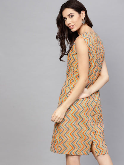 Women's  Sea Green & Orange Chevron Print Sheath Dress