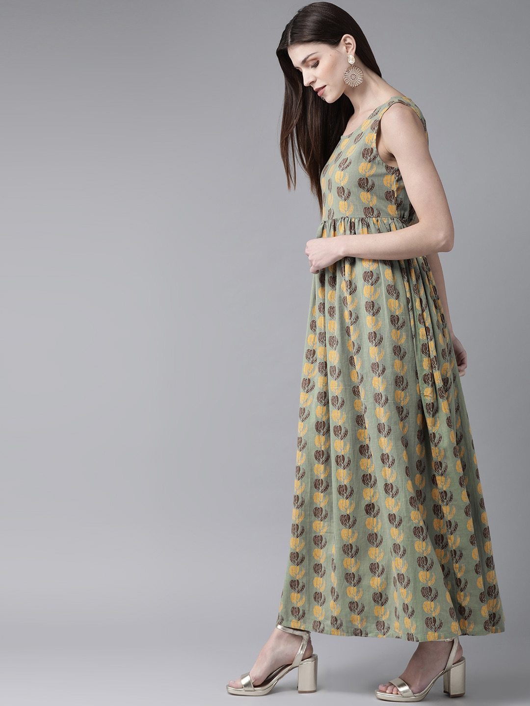 Women's  Green & Yellow Printed Maxi Dress