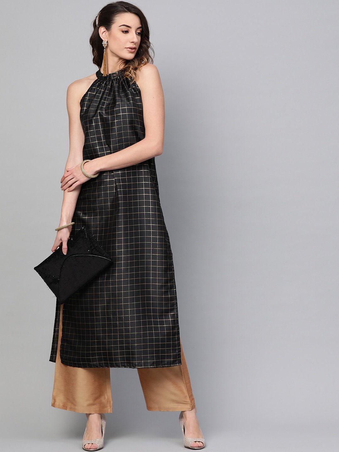 Women's  Black & Golden Checked Straight Kurta