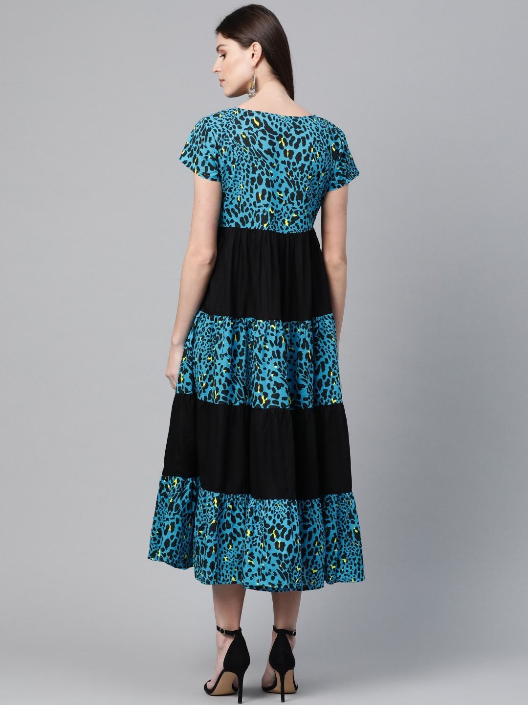Women's  Blue & Black Animal Printed A-Line Tiered Dress
