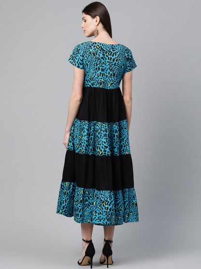Women's  Blue & Black Animal Printed A-Line Tiered Dress