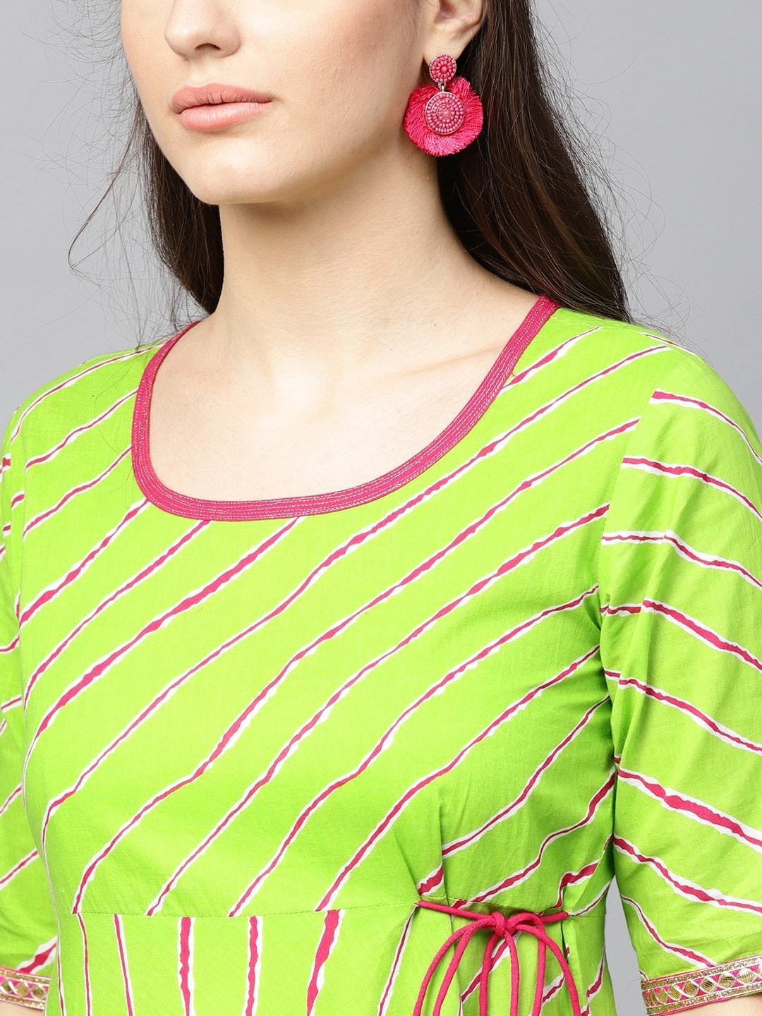 Women's  Green & Magenta Leheriya Print Anarkali Kurta
