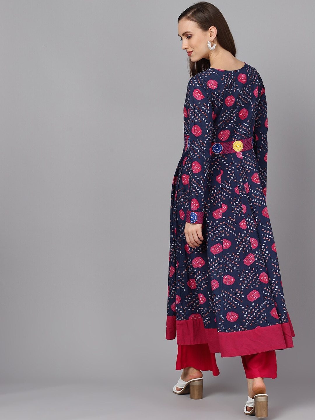 Women's  Navy Blue & Magenta Bandhani Printed Anarkali Kurta