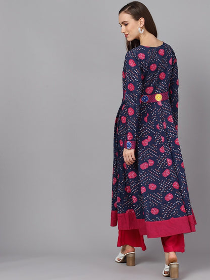 Women's  Navy Blue & Magenta Bandhani Printed Anarkali Kurta