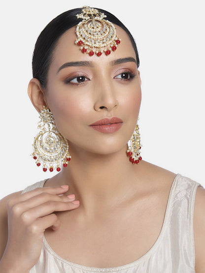 Women's Traditional Gold Plated Chandbali Kundan & Pearl Earring Set with Maang Tikka