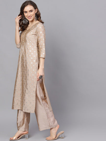 Women's  Beige & Gold-Toned Printed Kurta with Palazzos