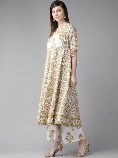 Women's  White & Olive Green Floral Print Angrakha Anarkali Kurta