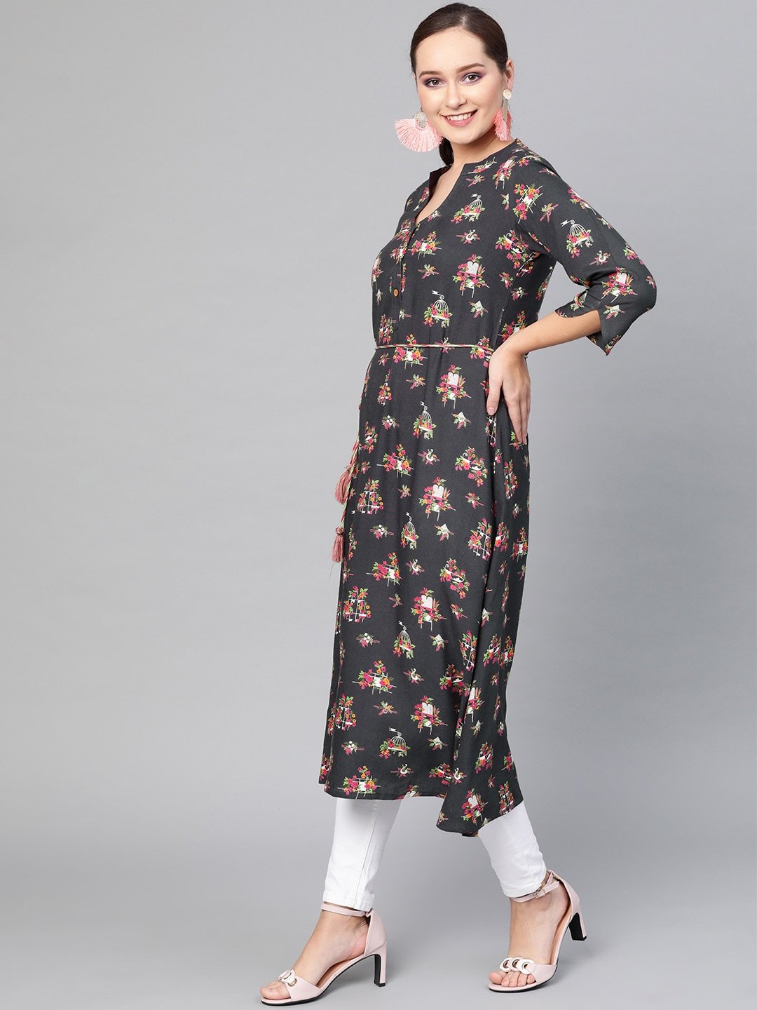 Women's  Grey & Pink Printed A-Line Kurta