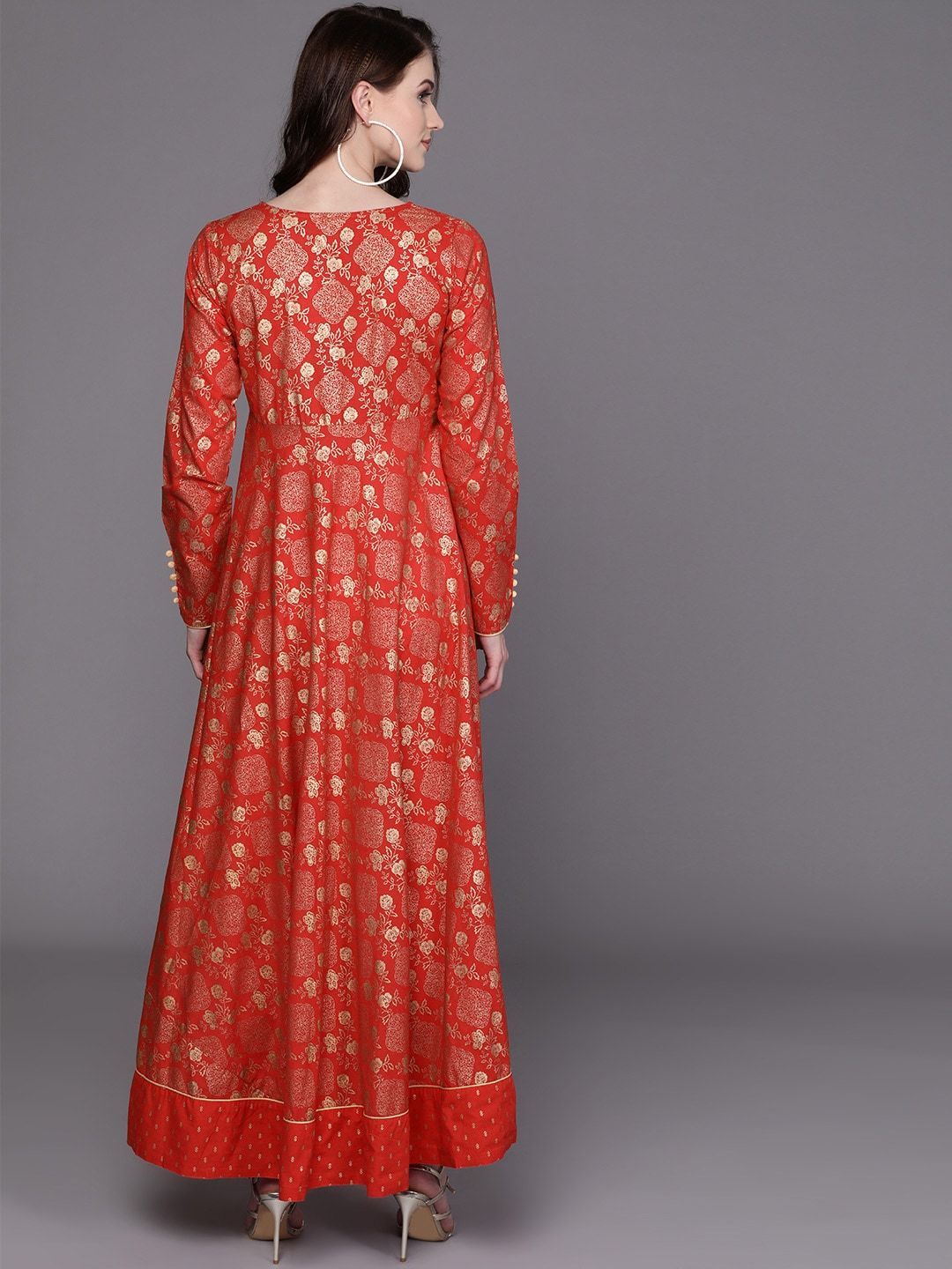 Women's  Red & Golden Printed Maxi Dress
