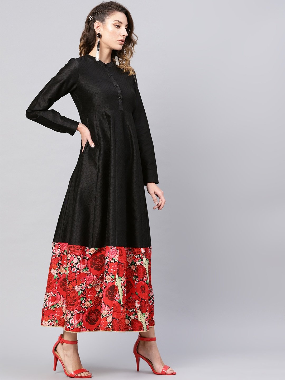 Women's  Black Floral Printed Detail Maxi Dress