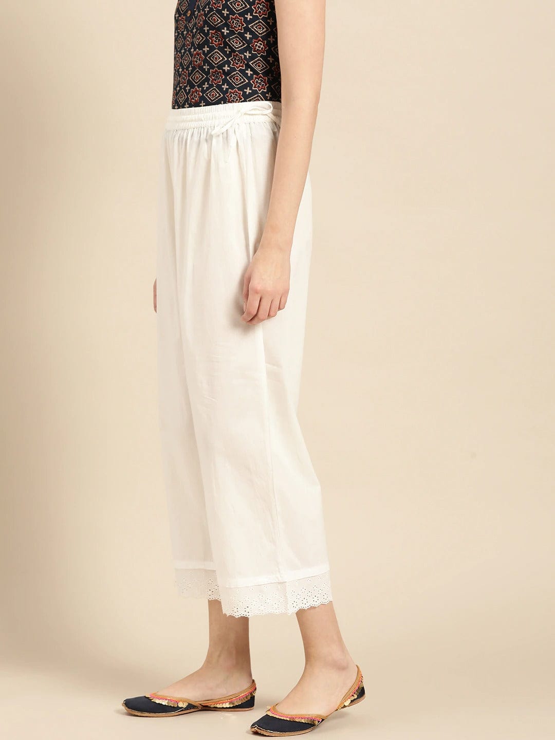 Women's White Schiffli Hem Design Straight Cropped Palazzos