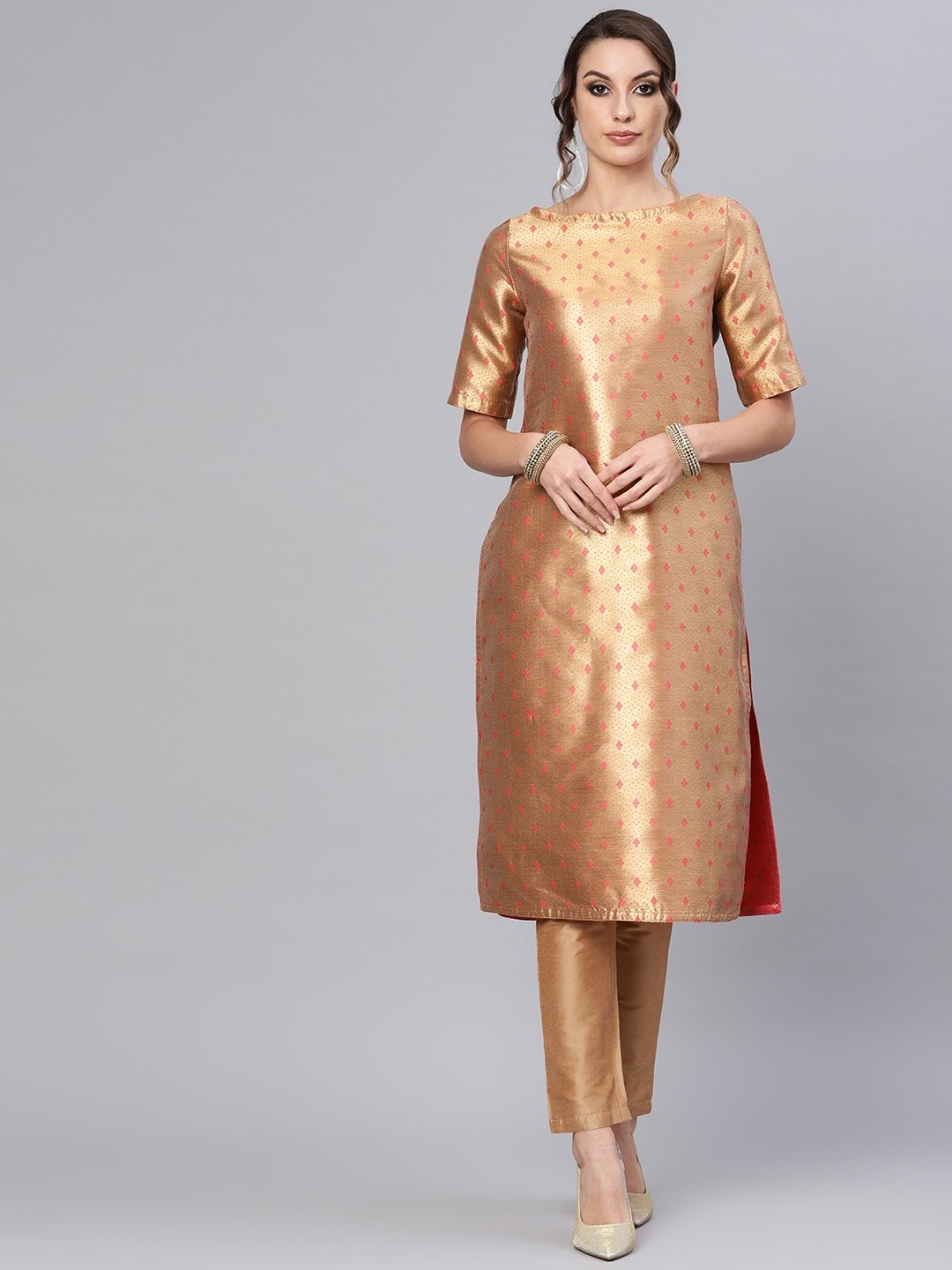 Women's  Coral Pink & Golden Reversible Woven Design Straight Kurta