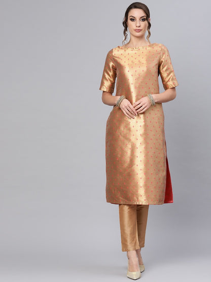 Women's  Coral Pink & Golden Reversible Woven Design Straight Kurta