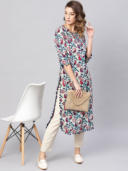 Women's  Grey & Navy Blue Printed Straight Kurta