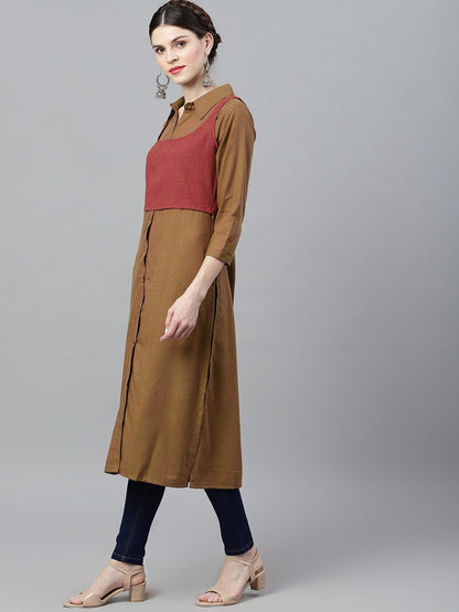 Women's  Olive Green & Maroon Colourblocked Anarkali Kurta