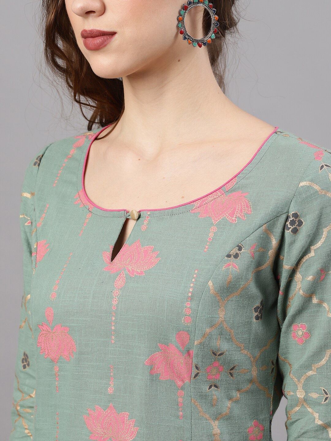 Women's  Green & Pink Printed Straight Kurta