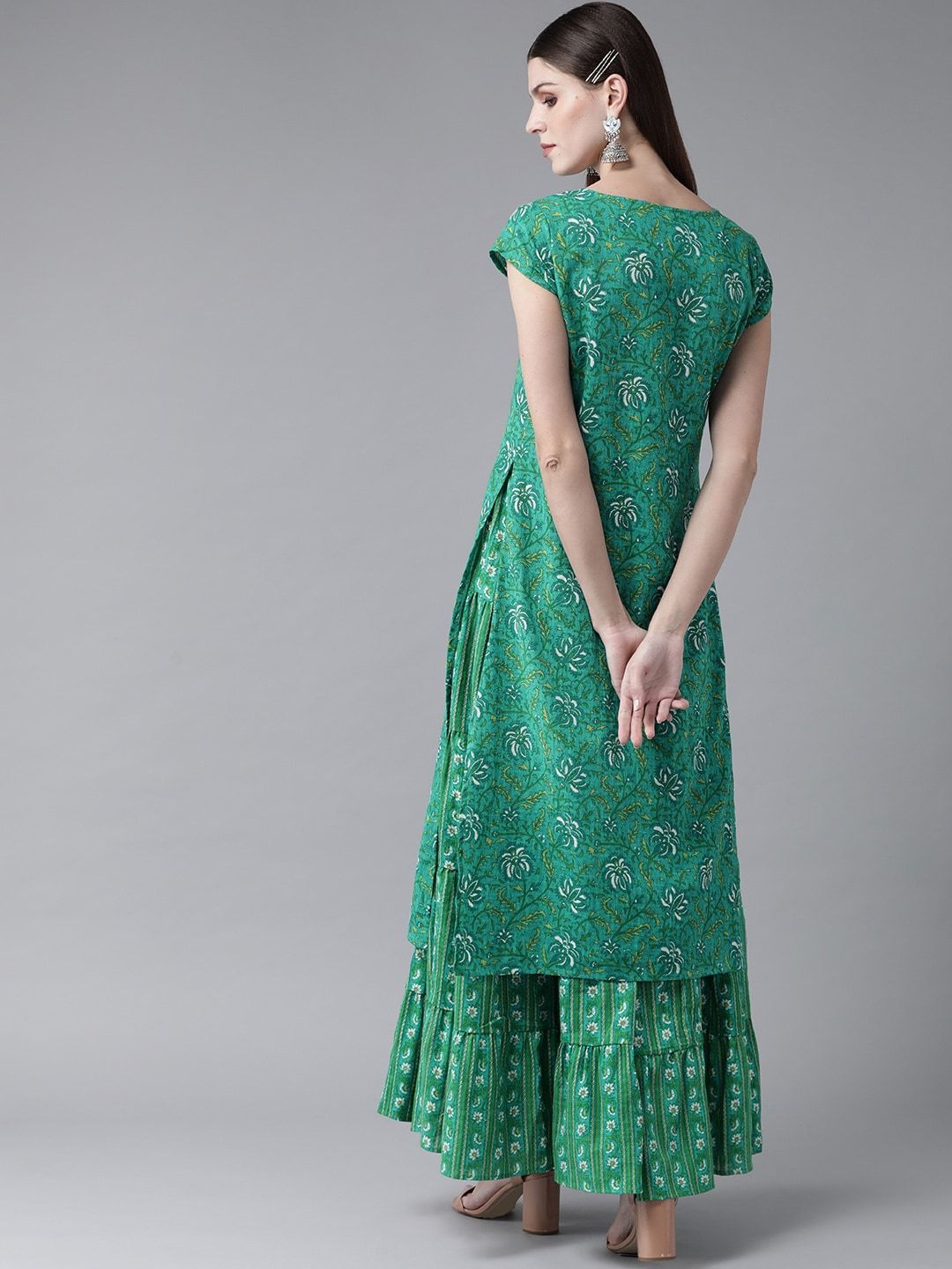 Women's  Green & Off-White Printed Kurta with Skirt