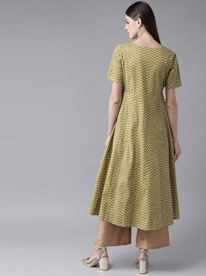 Women's  Green & Cream-Coloured Khari Print Layered A-Line Kurta