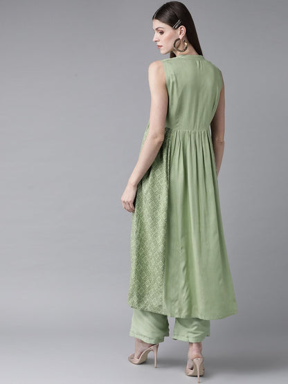 Women's  Green Printed A-Line Kurta