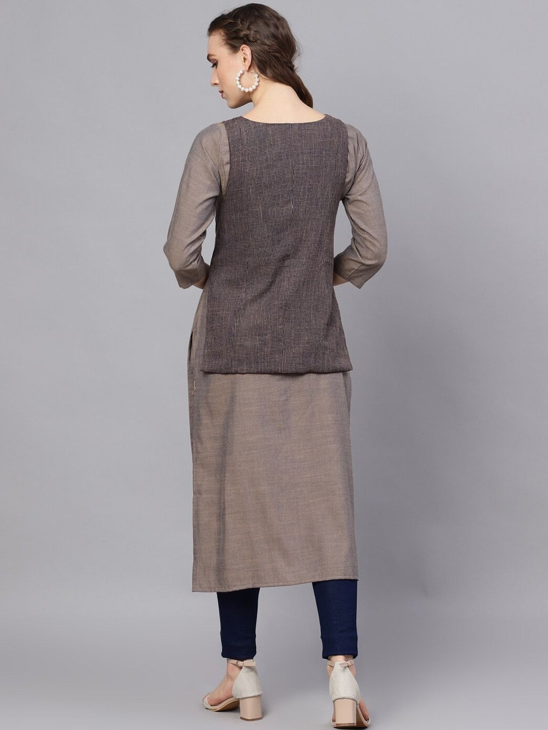 Women's  Grey & Blue Yoke Design A-Line Kurta