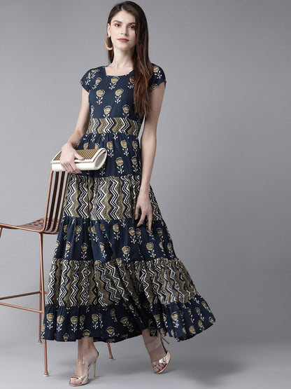 Women's  Navy Blue & Beige Printed Maxi Dress