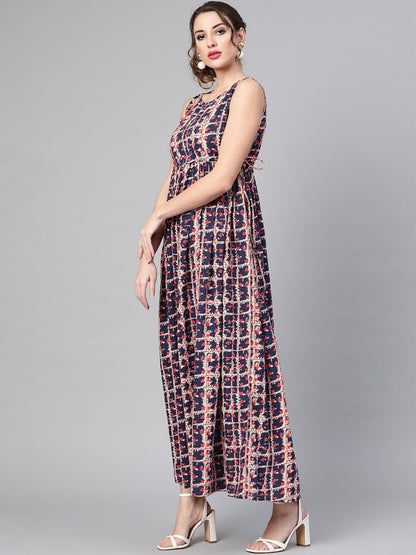Women's  Navy Blue & Pink Printed Maxi Dress