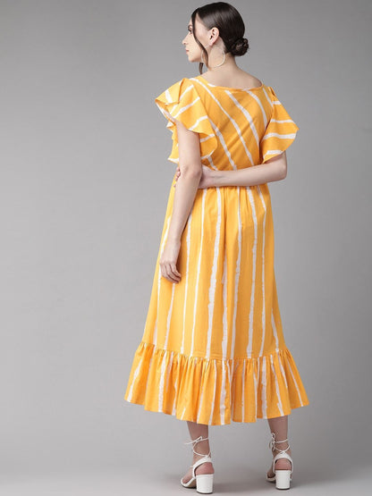 Women's  Mustard Yellow & White Striped A-Line Dress
