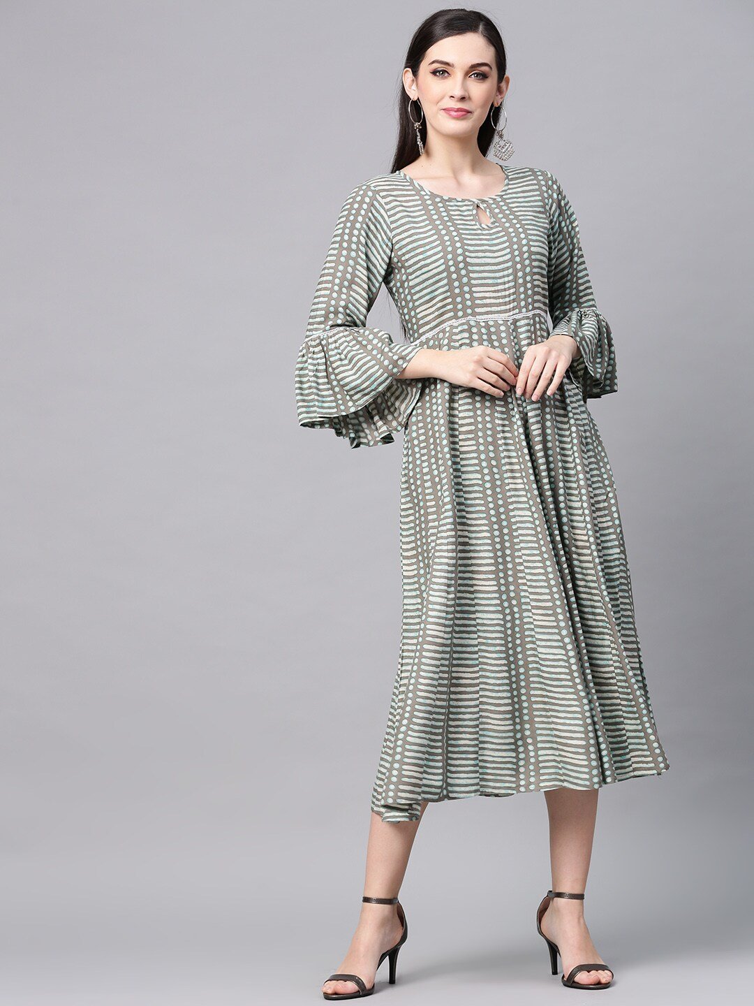 Women's  Grey & Blue Printed Empire Dress