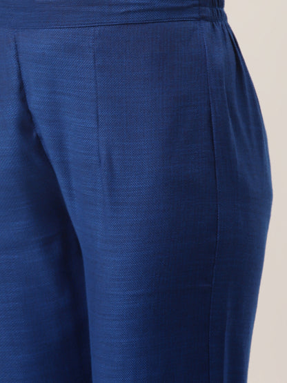 Women's Blue Rayon Blend Embroidered Straight Kurta Trouser Set With Dupatta