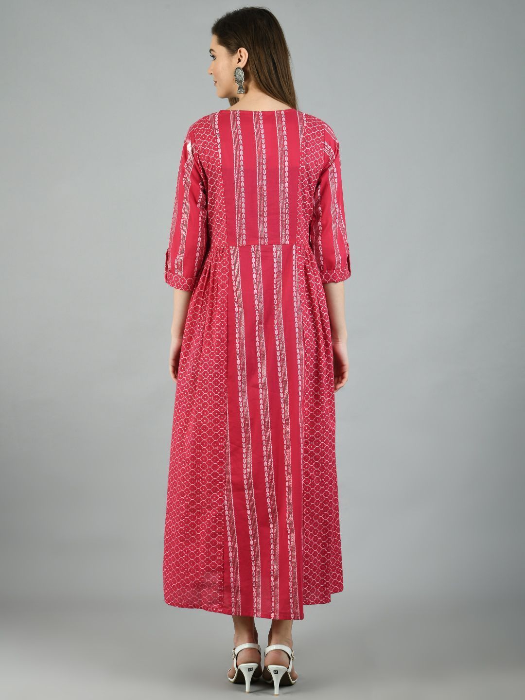 Women's Pink Cotton Printed 3/4 Sleeve Round Neck Casual Dress