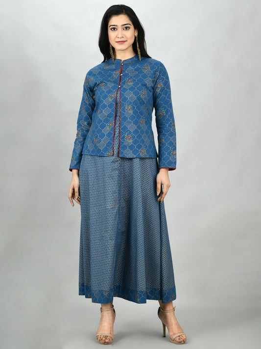 Women's Blue Cotton Printed Full Sleeve Mandarin Neck Casual Kurta Jacket Set