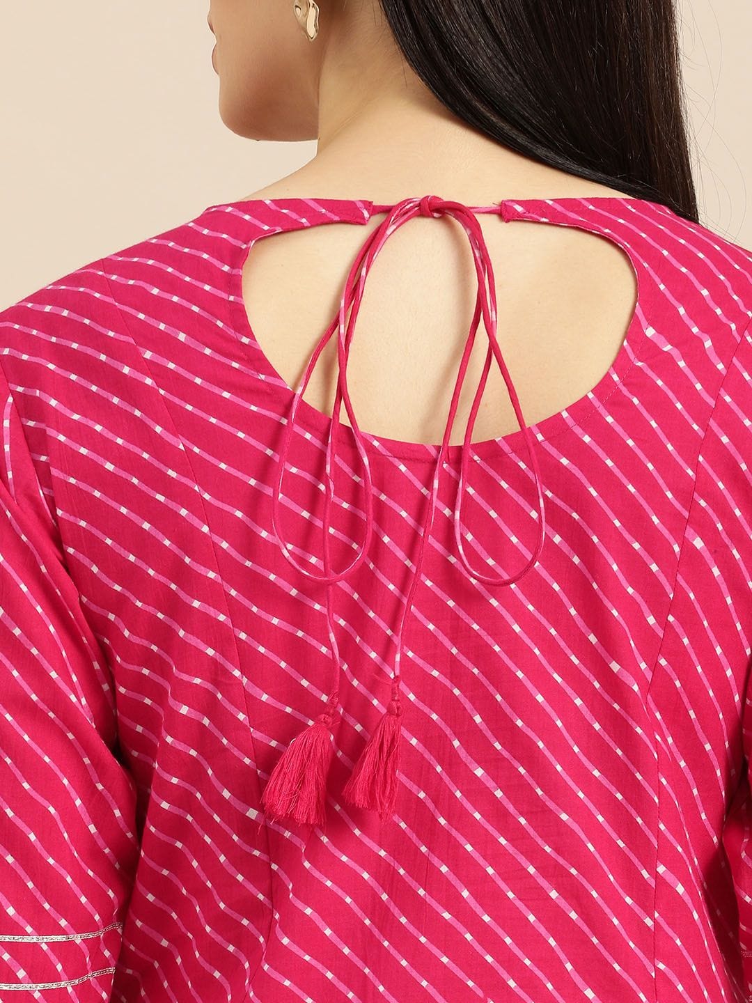 Women's Pink & White Leheriya Printed Angrakha Kurta With Embroidery