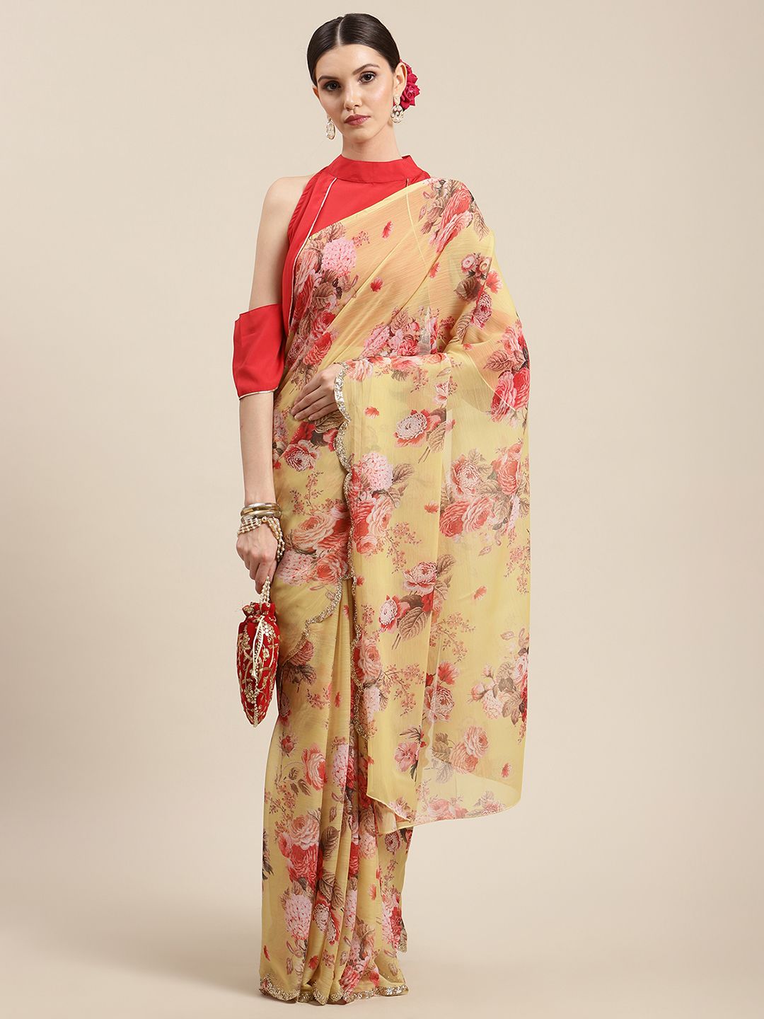 Women's Yellow Chiffon Digital Print Floral Saree