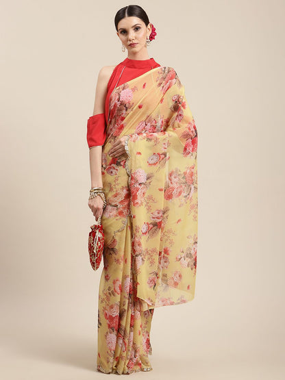 Women's Yellow Chiffon Digital Print Floral Saree