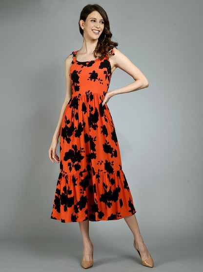 Women's Multi Rayon Printed Sleeveless Round Neck Casual Dress