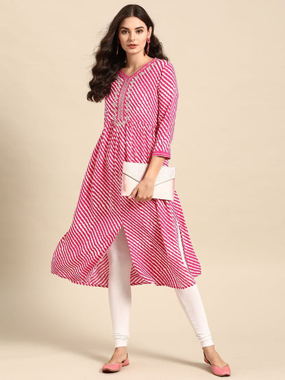 Women's Pink & White Striped A-Line Kurta